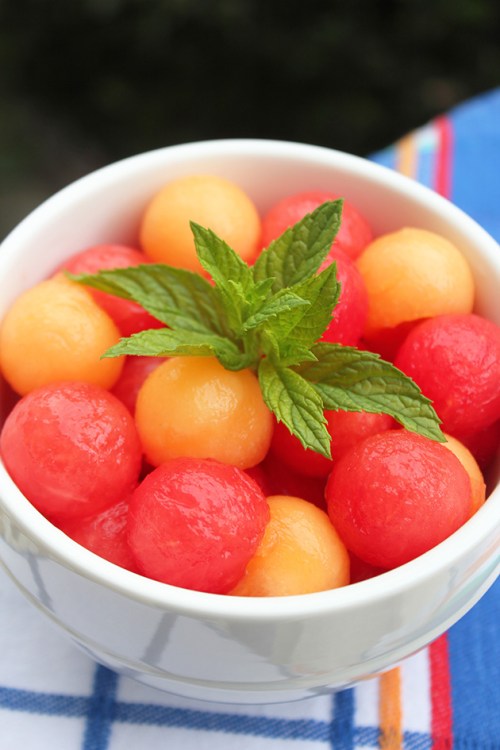 cantaloupe and watermelon in ginger sugar sauce