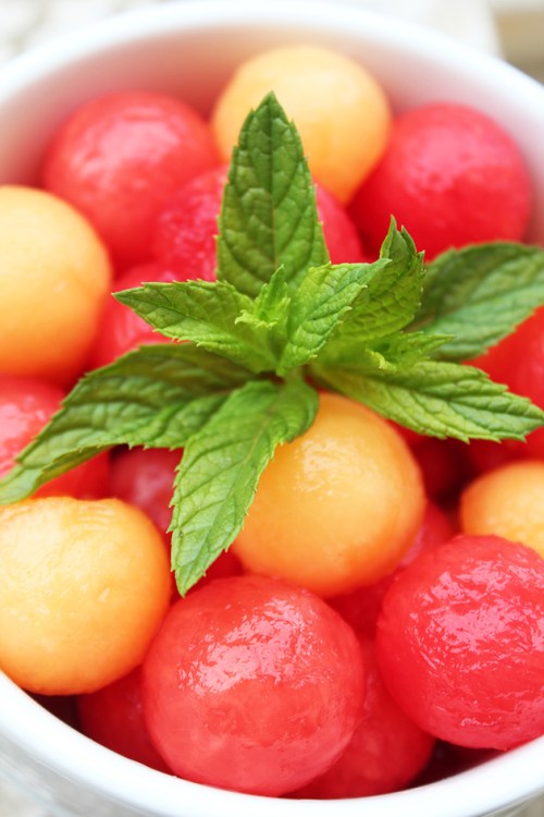 cantaloupe and watermelon in ginger sugar sauce