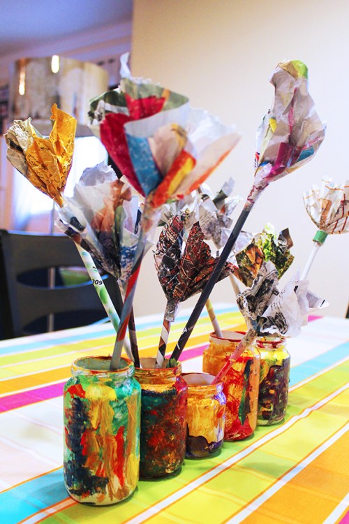 Magazine flowers & food jar vase - recycling craft|marmite et ponpon