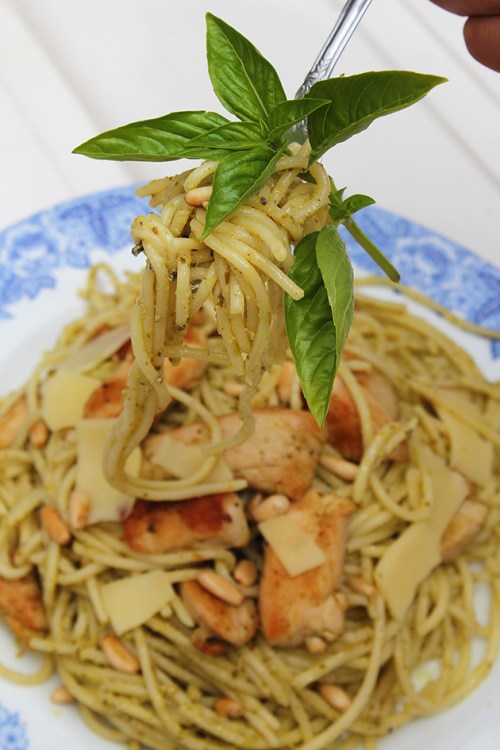 chicken pesto with spaghetti|marmite et ponpon